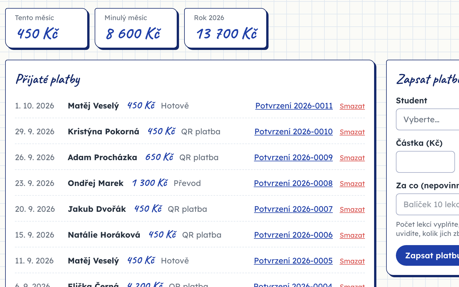 Přehled přijatých plateb s potvrzeními v PDF