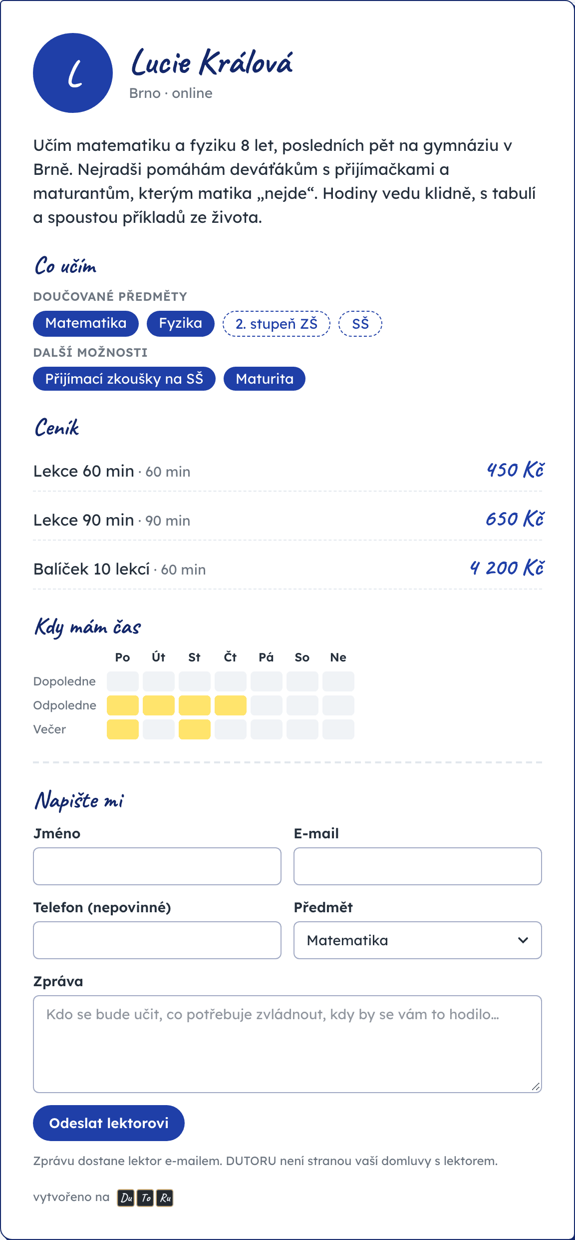 Veřejný profil lektorky s předměty, ceníkem a volnými termíny