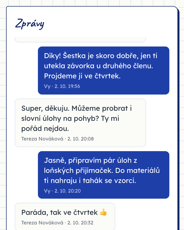 Chat se studentkou a sdílené materiály v PDF